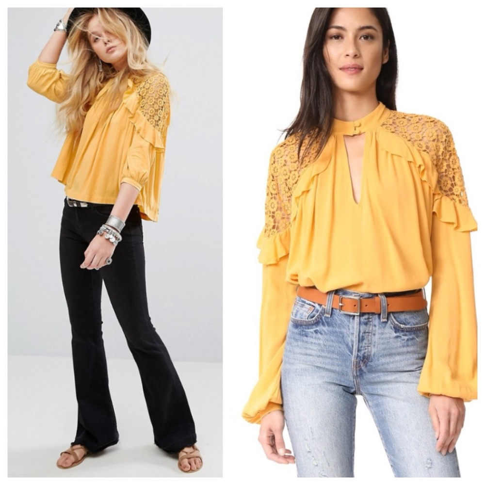 Free People Little Bit of Love Blouse Top in Yellow